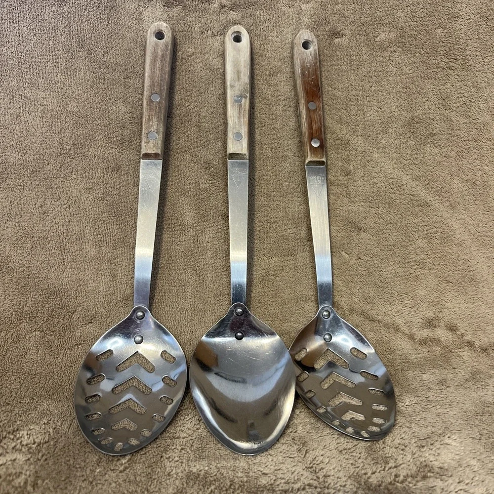 Vintage Household Japan Stainless Steel Serving Spoons Wood Handle